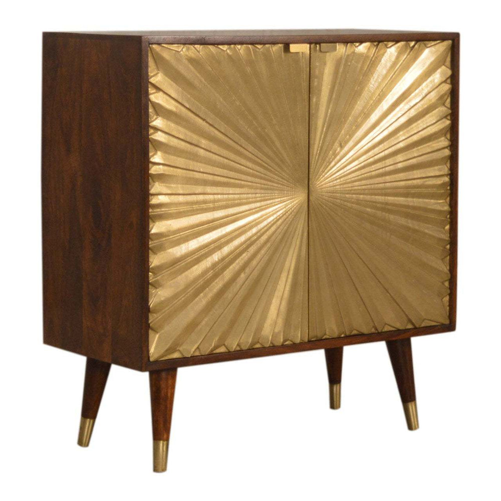 Manila Gold Cabinet with brass-plated doors and brass cap feet in chestnut finish