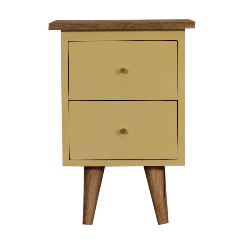 Yellow hand painted bedside table with solid mango wood, oak finish top, and Nordic style legs