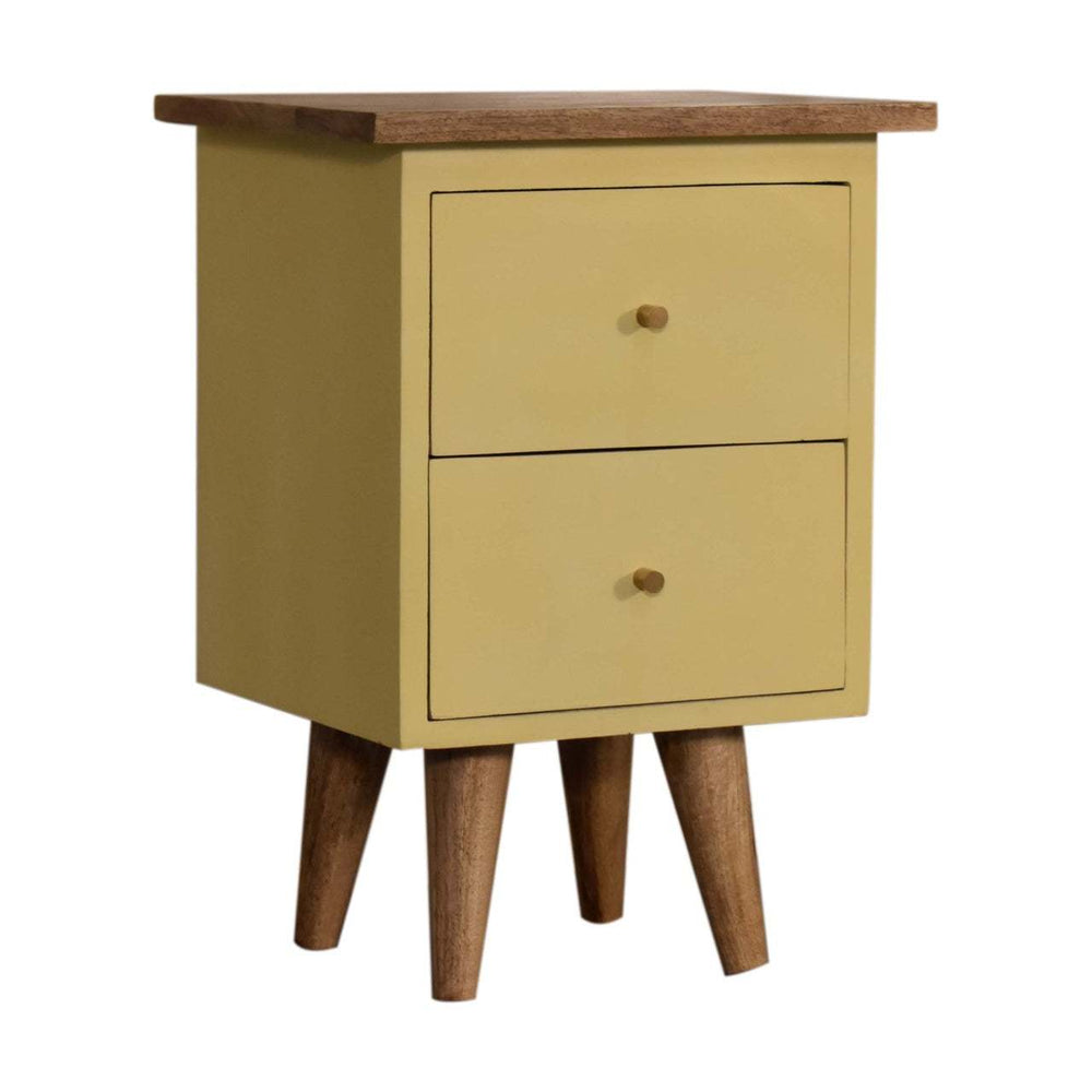 Yellow hand painted bedside table with solid mango wood, oak finish top, and Nordic style legs