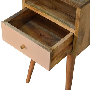 Mini bedside table with blush pink drawer and open shelf