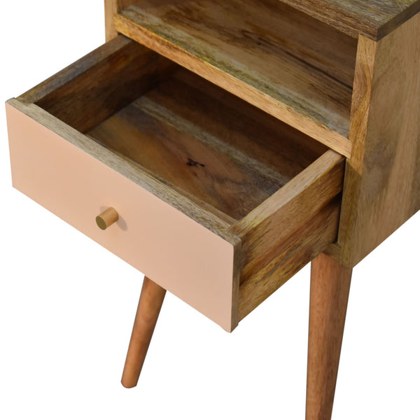 Mini bedside table with blush pink drawer and open shelf