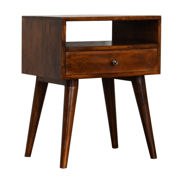 Modern chestnut bedside table beside bedroom furniture
