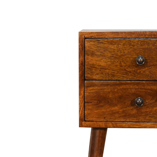 Chestnut bedside table showing two storage drawers