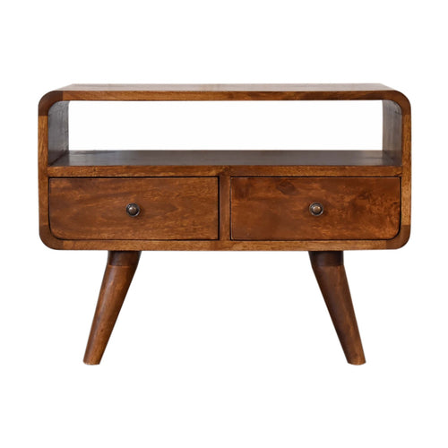 Compact chestnut media unit with open storage shelf