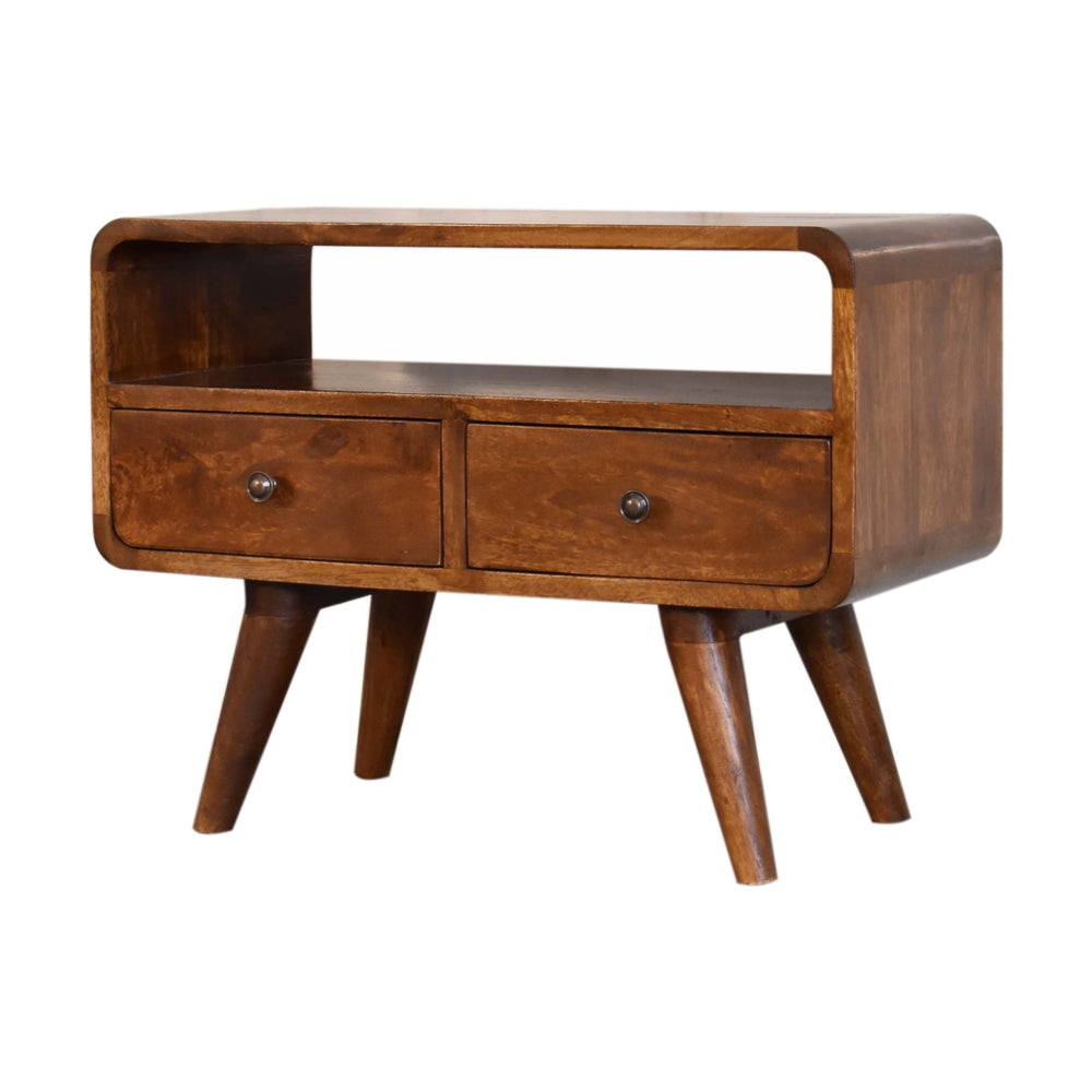 Compact chestnut media unit with open storage shelf