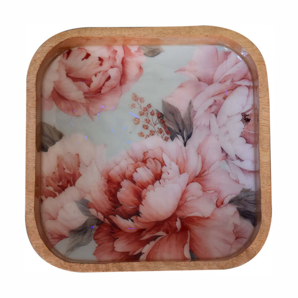 Pink floral design on square serving bowls