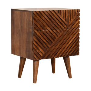 Lille bedside table showing hand-carved drawer detail
