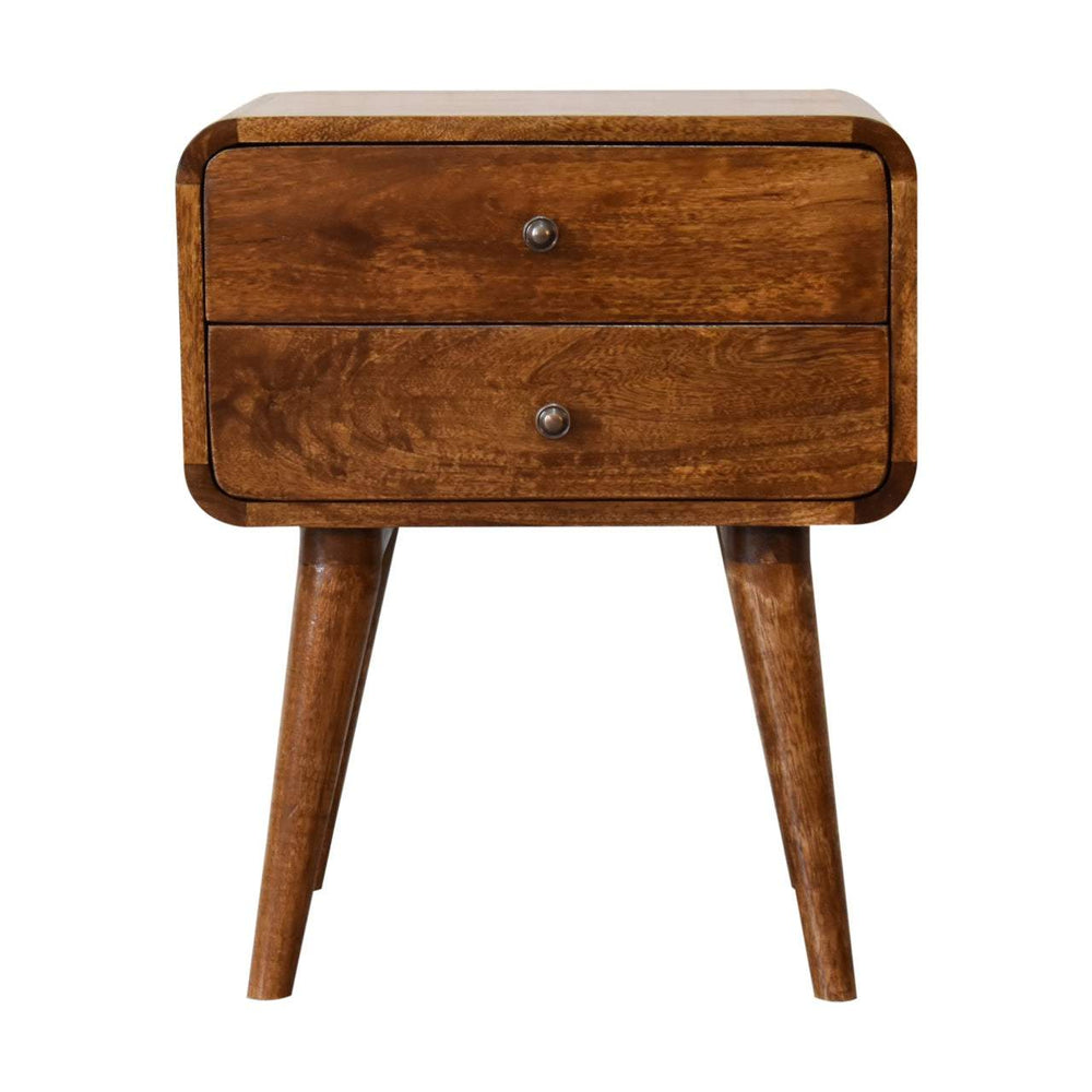 Curved chestnut bedside table with 2 drawers, solid mango wood, shiny knobs, and Nordic style legs