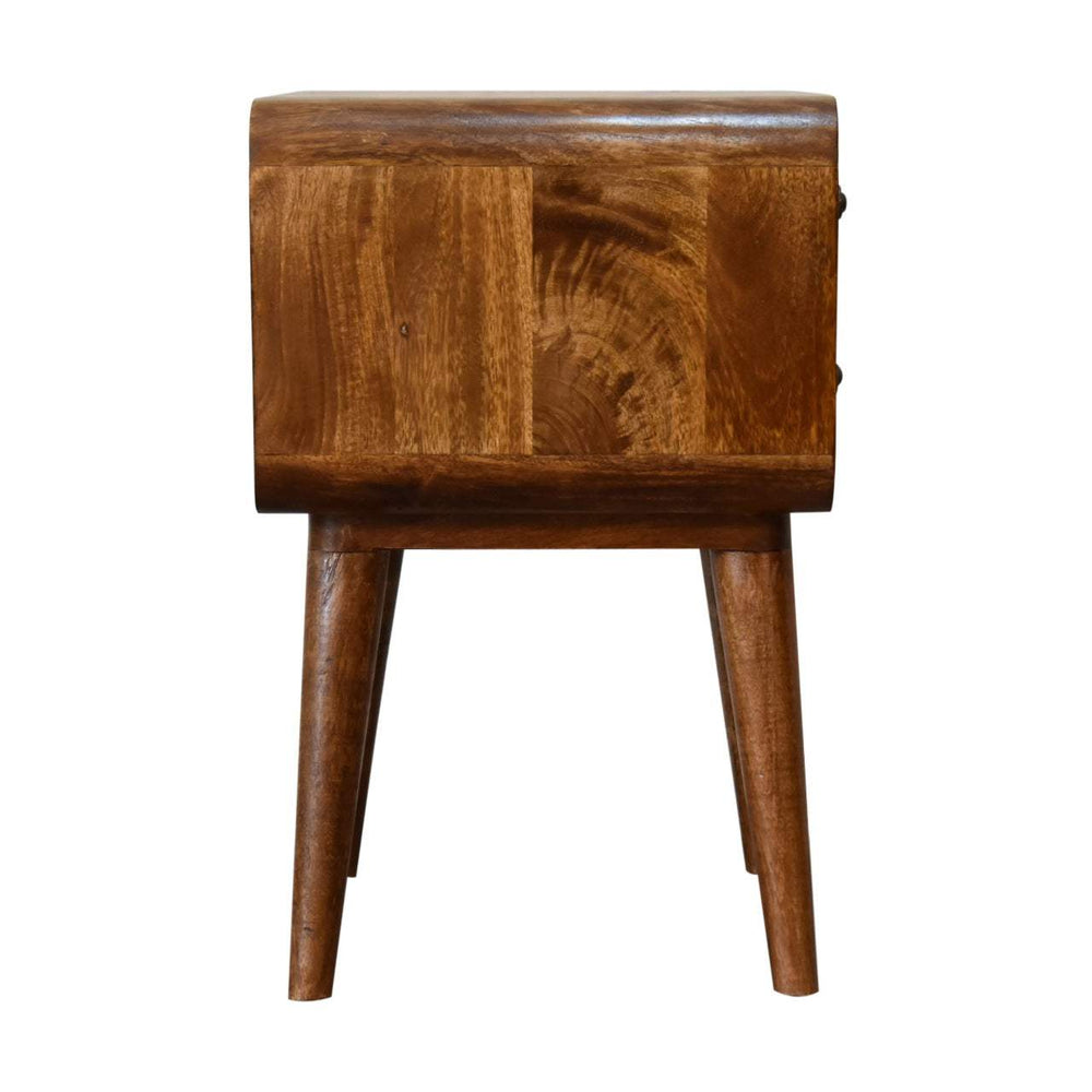 Curved chestnut bedside table with 2 drawers, solid mango wood, shiny knobs, and Nordic style legs