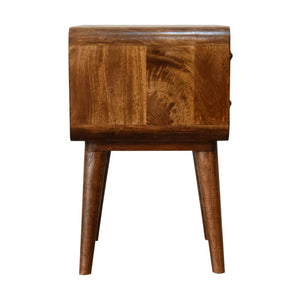 Curved chestnut bedside table with 2 drawers, solid mango wood, shiny knobs, and Nordic style legs