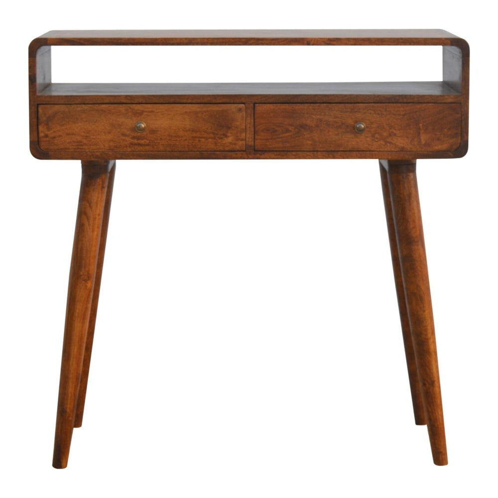 Curved chestnut console table with two drawers and Nordic style legs in solid mango wood