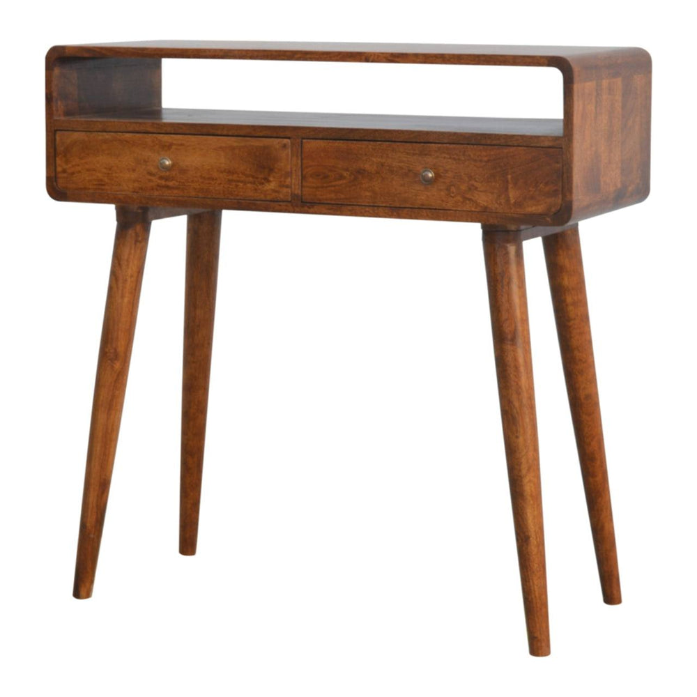 Curved chestnut console table with two drawers and Nordic style legs in solid mango wood