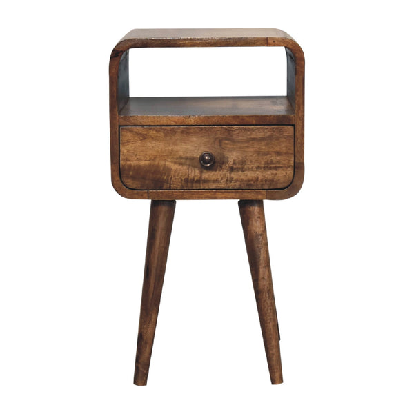 Mini grey wash curve open bedside table in solid mango wood
Solid mango wood bedside table with grey-washed finish