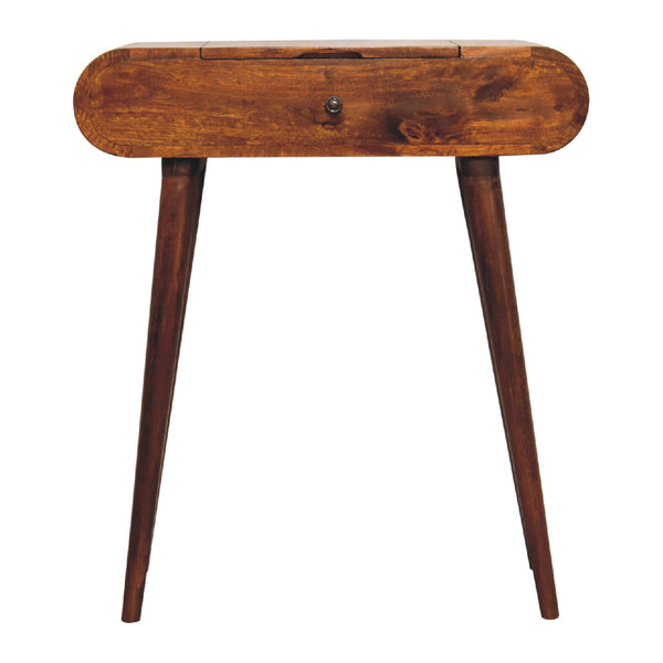 Mini round chestnut foldable vanity table with mirror
Mini chestnut vanity table with Nordic-style legs