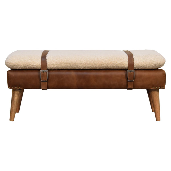 Bouclé buffalo hide leather upholstered bench with solid wood legs