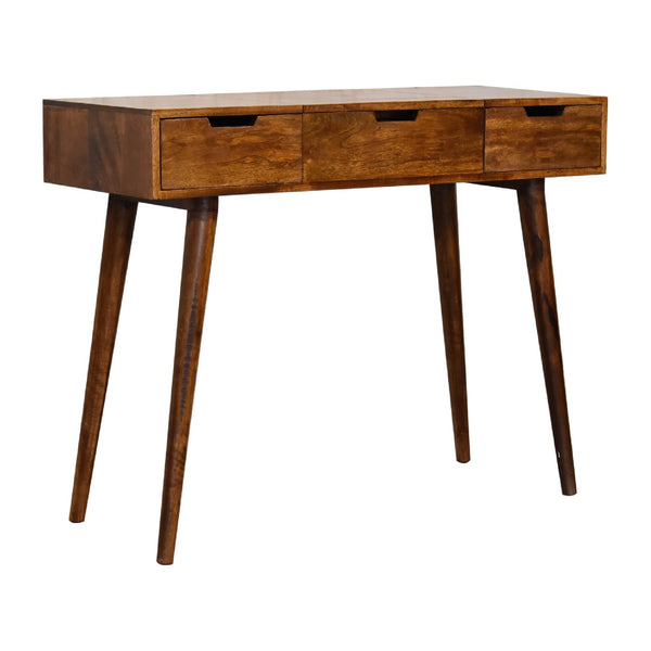 Chestnut dressing table with foldable mirror and two drawers
Solid mango wood dressing table in chestnut finish
