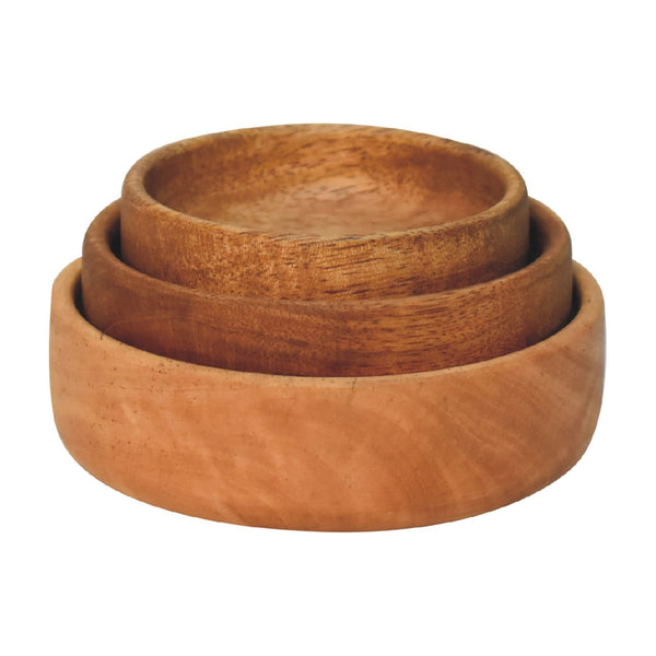 Solid mango wood fruit bowl set of 3
Three natural mango wood serving bowls