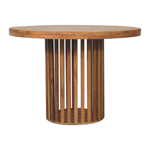 Ariella Round Dining Table made of solid mango wood with oak finish and contemporary Japanese design