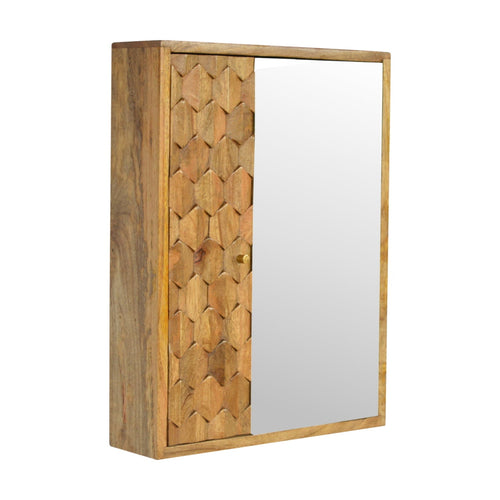 Pineapple carved mirror cabinet made of solid mango wood with sliding mirror and shelves in oak finish