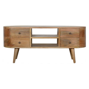 Rounded entertainment unit made of solid mango wood with rounded edges, 2 open slots, 4 drawers, and Nordic style legs in oak finish