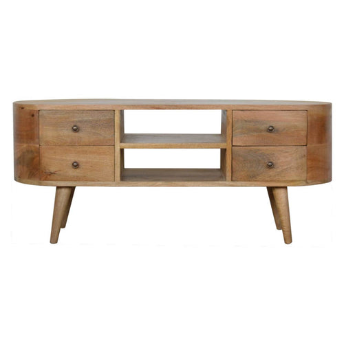 Rounded entertainment unit made of solid mango wood with rounded edges, 2 open slots, 4 drawers, and Nordic style legs in oak finish