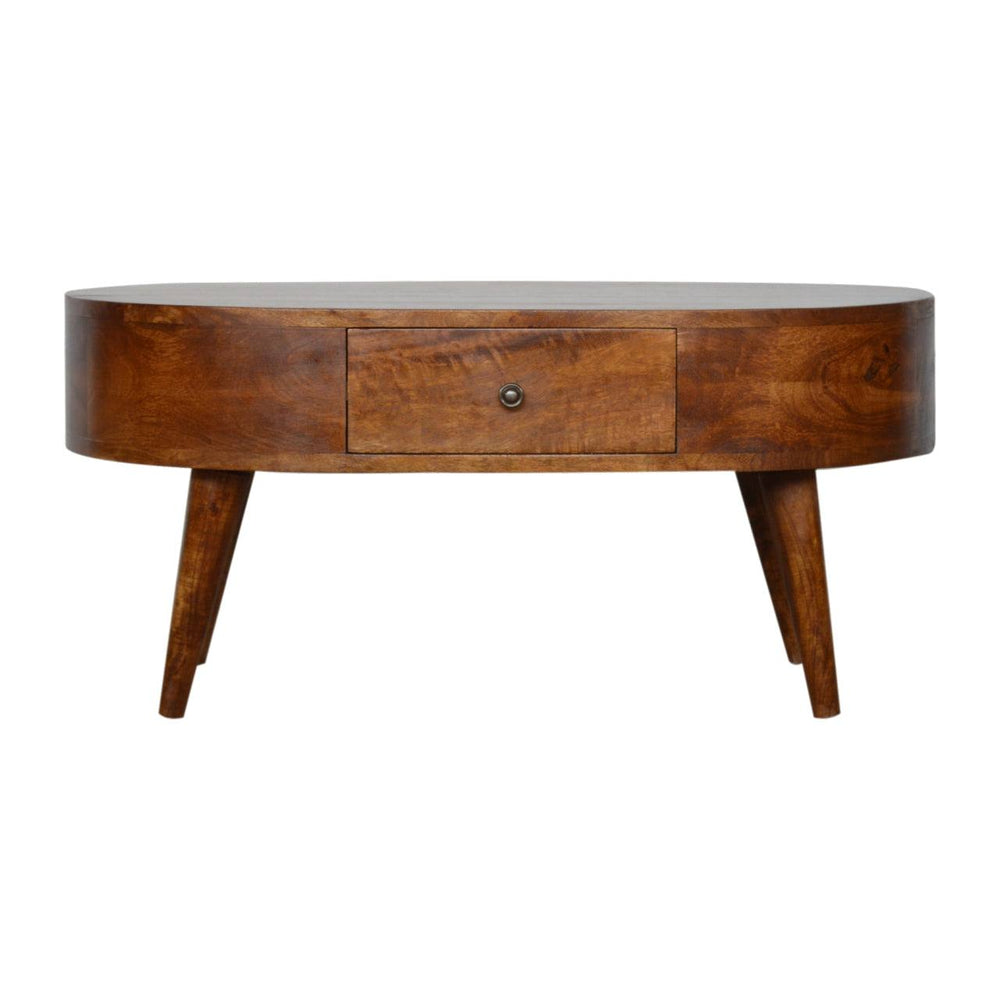 Chestnut rounded coffee table made of solid mango wood with drawer and Nordic style legs