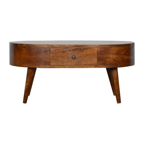 Chestnut rounded coffee table made of solid mango wood with drawer and Nordic style legs