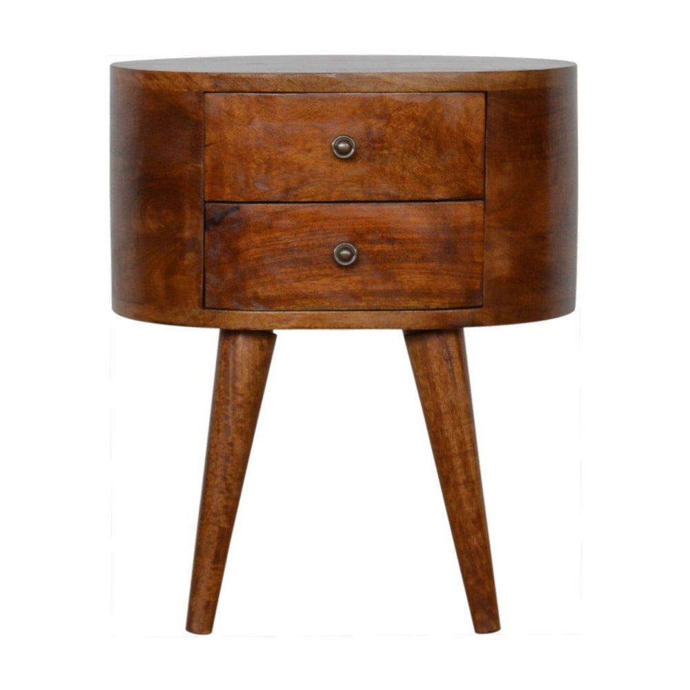 Chestnut Rounded Bedside Table made from solid mango wood with rounded edges and two drawers