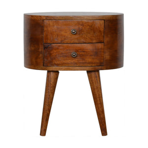 Chestnut Rounded Bedside Table made from solid mango wood with rounded edges and two drawers