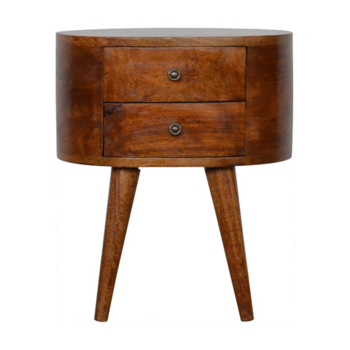 Chestnut Rounded Bedside Table made from solid mango wood with rounded edges and two drawers