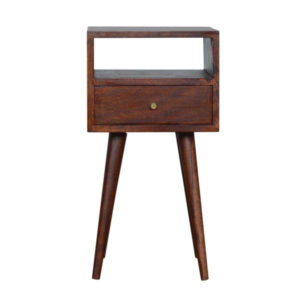 Mini cherry bedside table in solid mango wood with drawer, shelf, and Scandinavian style legs