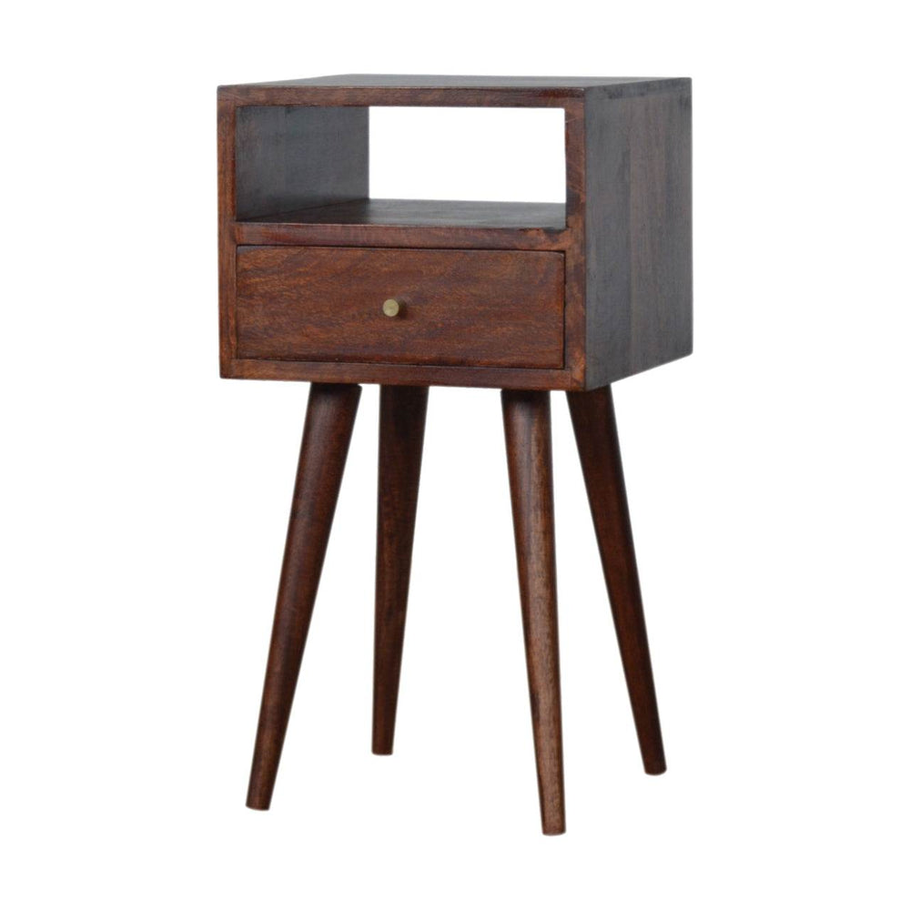 Mini cherry bedside table in solid mango wood with drawer, shelf, and Scandinavian style legs