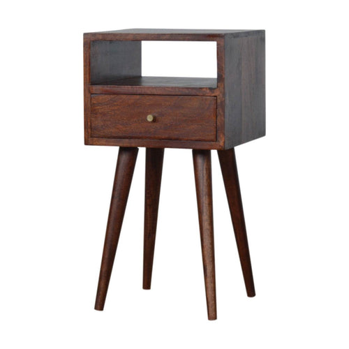 Mini cherry bedside table in solid mango wood with drawer, shelf, and Scandinavian style legs