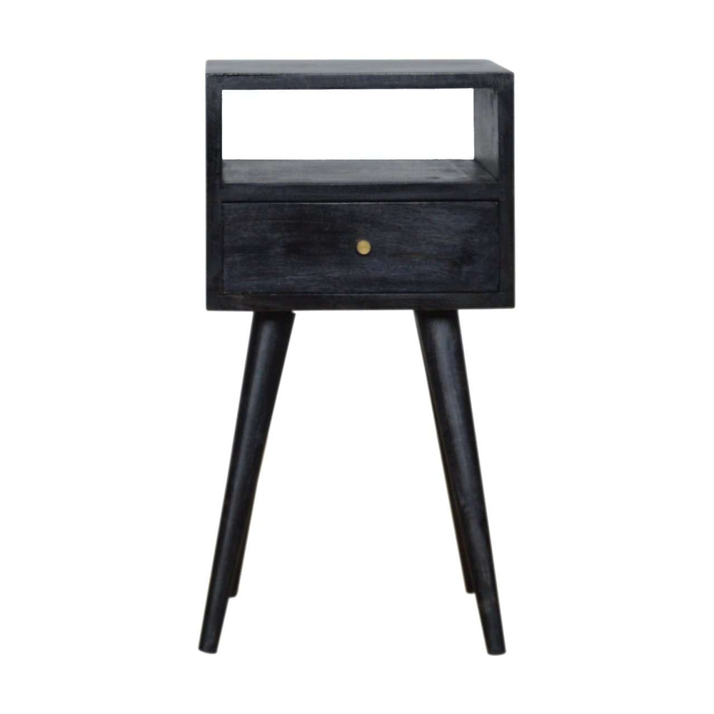 Mini Ash Black Bedside with solid mango wood, one drawer, shelf, and Scandinavian legs