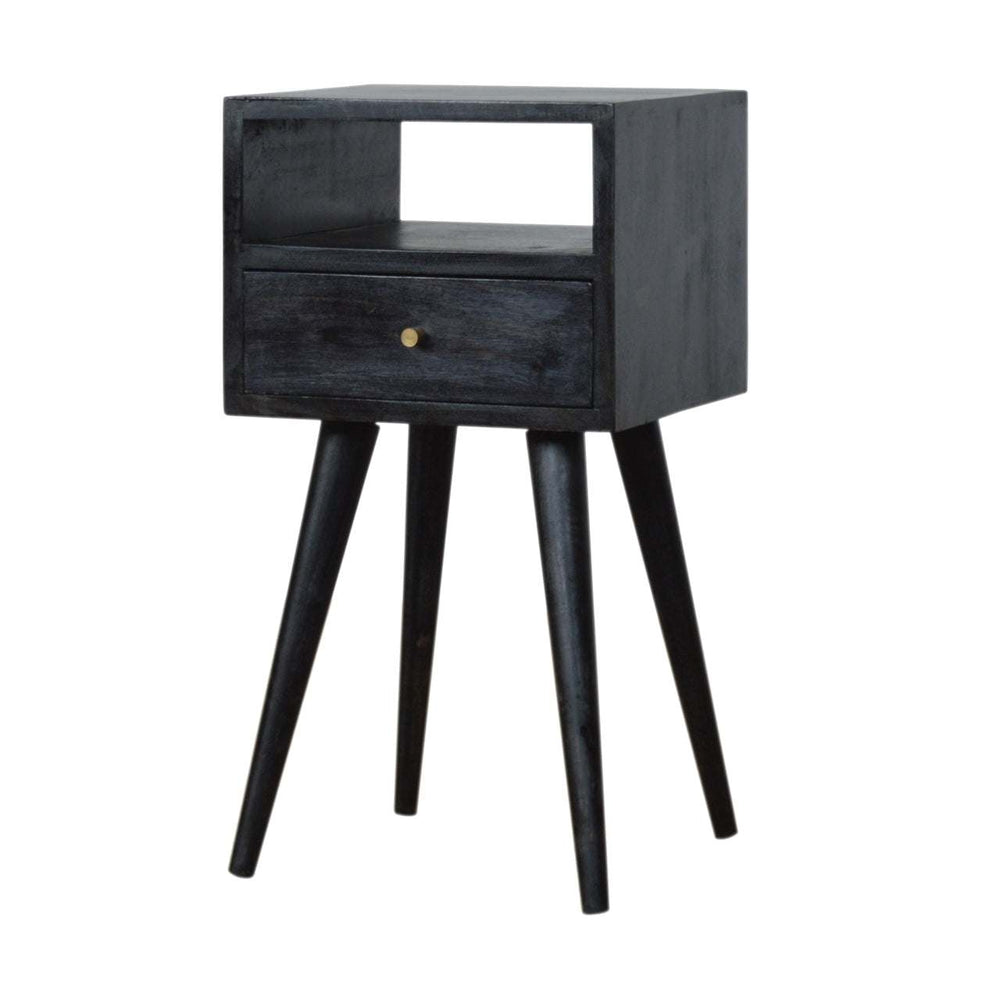 Mini Ash Black Bedside with solid mango wood, one drawer, shelf, and Scandinavian legs