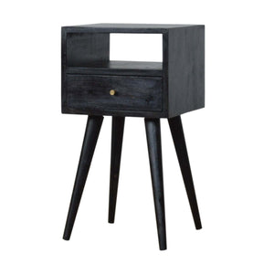 Mini Ash Black Bedside with solid mango wood, one drawer, shelf, and Scandinavian legs