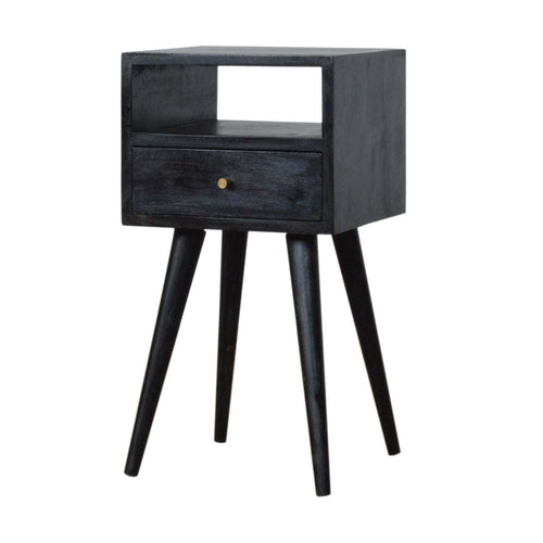 Mini Ash Black Bedside with solid mango wood, one drawer, shelf, and Scandinavian legs