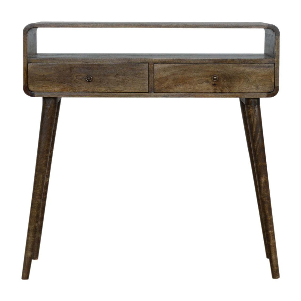 Curved grey-wash console table with brass knobs, two drawers, open slot, and Scandinavian legs made of solid mango wood