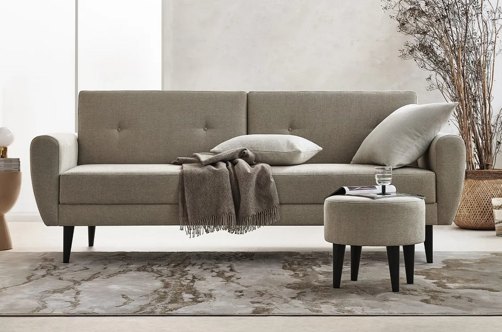 Jack 3 seat sofa bed in grey velvet with button detailing and adjustable heights