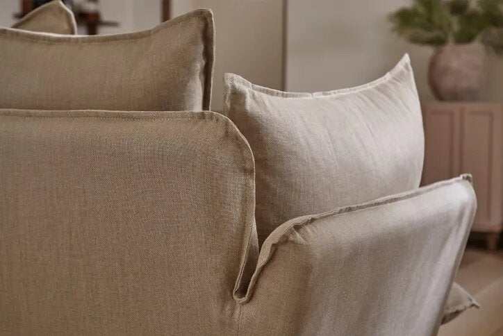 Malibu Medium Corner Sofa in pumice house basket weave with feather and fibre cushions
