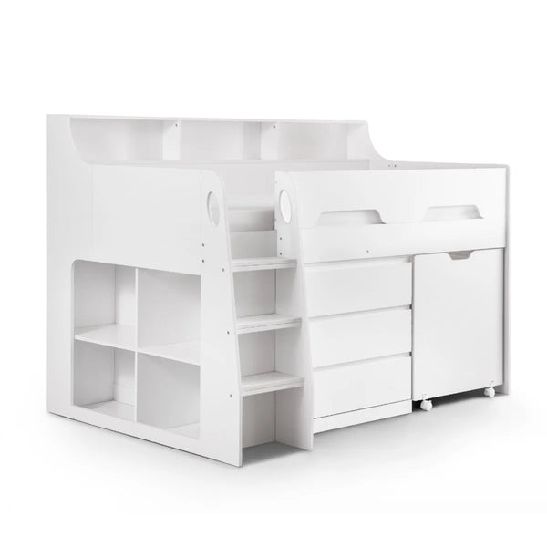 Julian Bowen Jupiter Mid Sleeper Bed with Pull-Out Desk, Storage Drawers, Shelving & Bookcase – White, Grey Oak or Anthracite – UK Single (90 x 190cm)