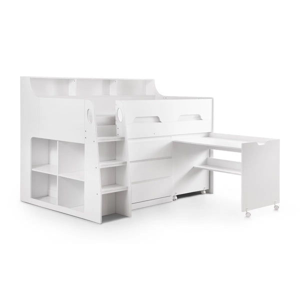 Julian Bowen Jupiter Mid Sleeper Bed with Pull-Out Desk, Storage Drawers, Shelving & Bookcase – White, Grey Oak or Anthracite – UK Single (90 x 190cm)
