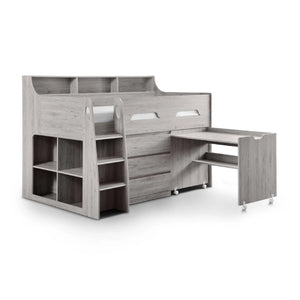 Julian Bowen Jupiter Mid Sleeper Bed with Pull-Out Desk, Storage Drawers, Shelving & Bookcase – White, Grey Oak or Anthracite – UK Single (90 x 190cm)
