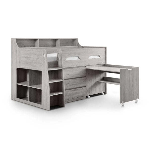 Julian Bowen Jupiter Mid Sleeper Bed with Pull-Out Desk, Storage Drawers, Shelving & Bookcase – White, Grey Oak or Anthracite – UK Single (90 x 190cm)