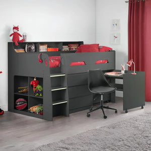 Julian Bowen Jupiter Mid Sleeper Bed with Pull-Out Desk, Storage Drawers, Shelving & Bookcase – White, Grey Oak or Anthracite – UK Single (90 x 190cm)