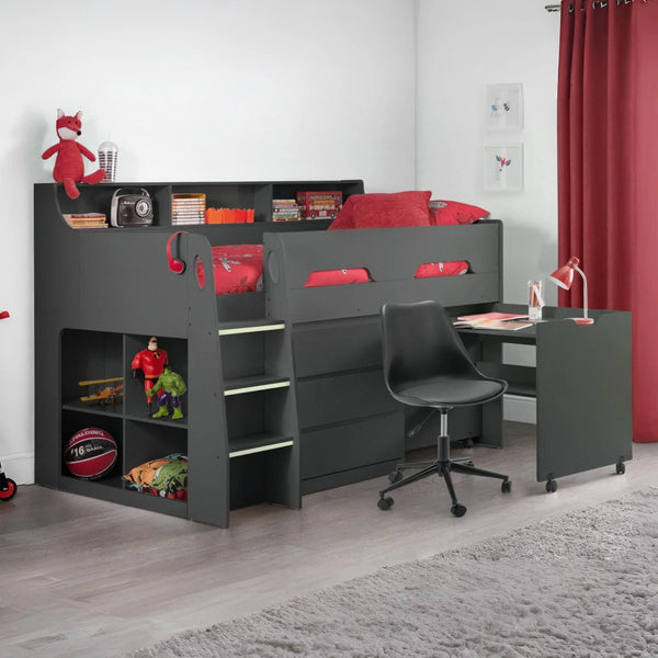 Julian Bowen Jupiter Mid Sleeper Bed with Pull-Out Desk, Storage Drawers, Shelving & Bookcase – White, Grey Oak or Anthracite – UK Single (90 x 190cm)