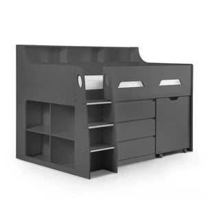 Julian Bowen Jupiter Mid Sleeper Bed with Pull-Out Desk, Storage Drawers, Shelving & Bookcase – White, Grey Oak or Anthracite – UK Single (90 x 190cm)