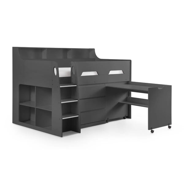 Julian Bowen Jupiter Mid Sleeper Bed with Pull-Out Desk, Storage Drawers, Shelving & Bookcase – White, Grey Oak or Anthracite – UK Single (90 x 190cm)