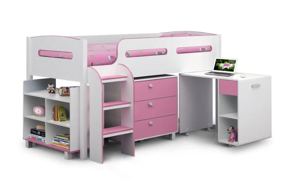 Kimbo Kids Cabin Bed with Pull-Out Desk, 3 Drawer Storage & Shelving – White & Pink or White & Blue