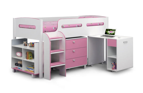 Kimbo Kids Cabin Bed with Pull-Out Desk, 3 Drawer Storage & Shelving – White & Pink or White & Blue